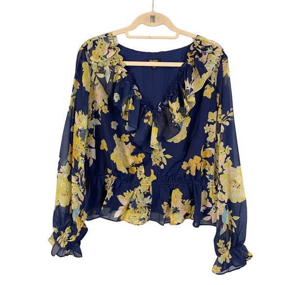 MAREE Blouse 14 Georgette Floral Ruffle Cinch Waist Peplum Long Sleeves Blue NWT - Picture 1 of 9
